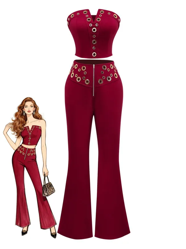 2PCS 1970s Strapless Metal Buckle Punk Top & Pants made by Retro Stage