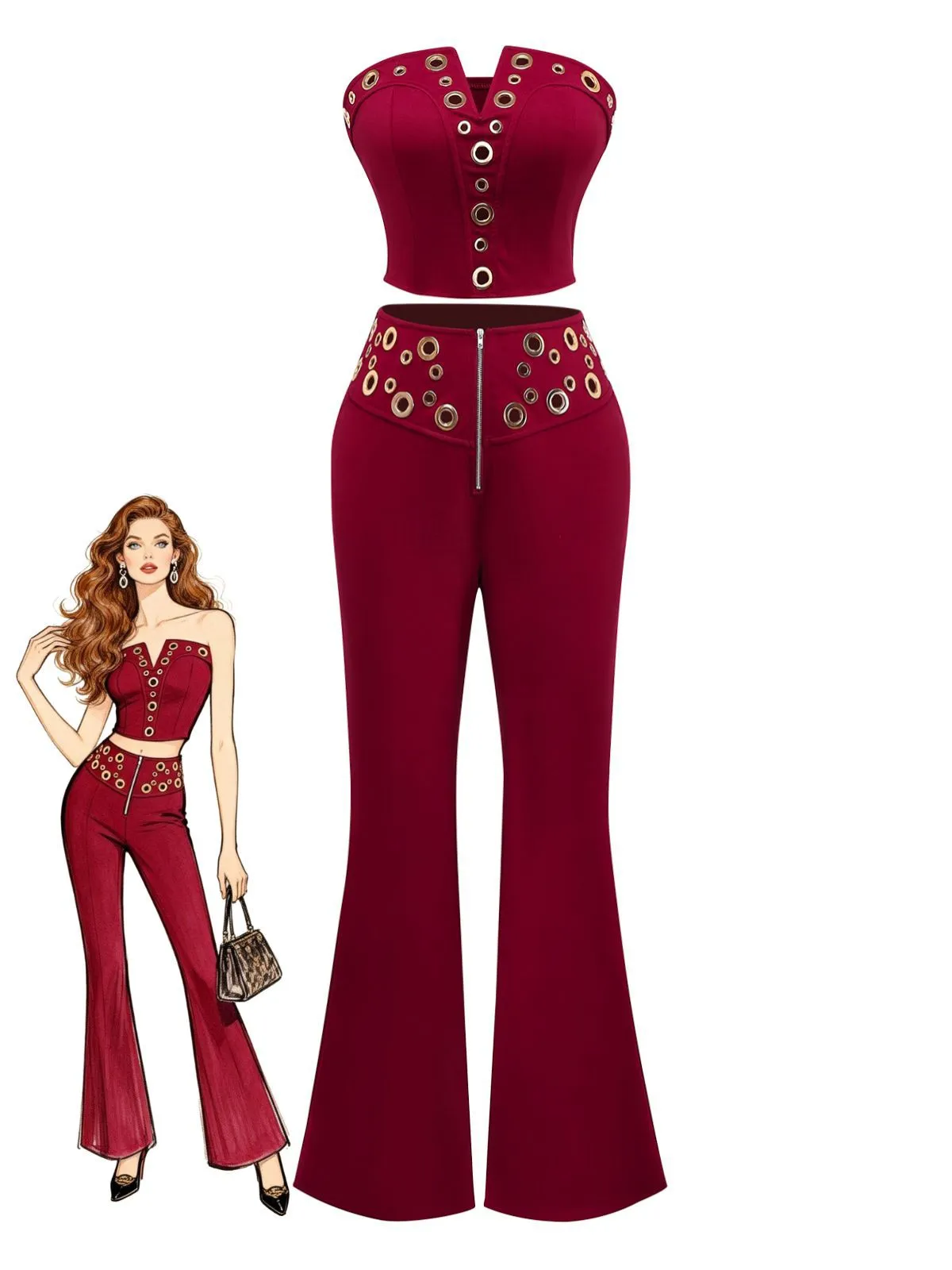 2PCS 1970s Strapless Metal Buckle Punk Top & Pants sold by Retro Stage