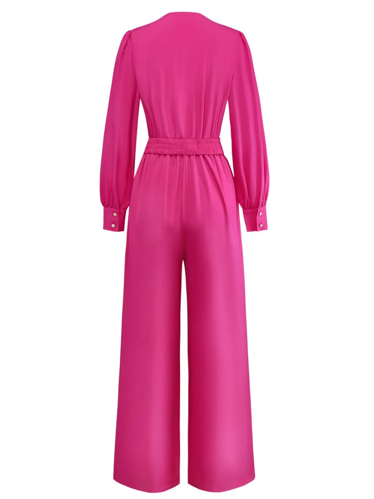 Rose Pink 1960s Deep V Belted Lantern Sleeve Solid Jumpsuit sold by Retro Stage product image thumbnail 3