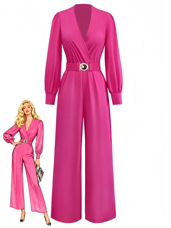 Rose Pink 1960s Deep V Belted Lantern Sleeve Solid Jumpsuit made by Retro Stage