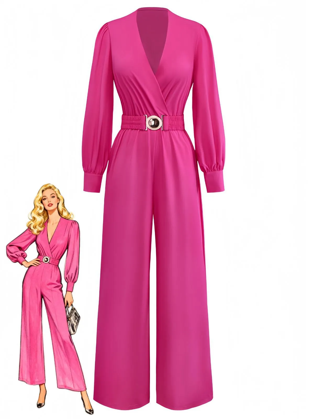 Rose Pink 1960s Deep V Belted Lantern Sleeve Solid Jumpsuit sold by Retro Stage