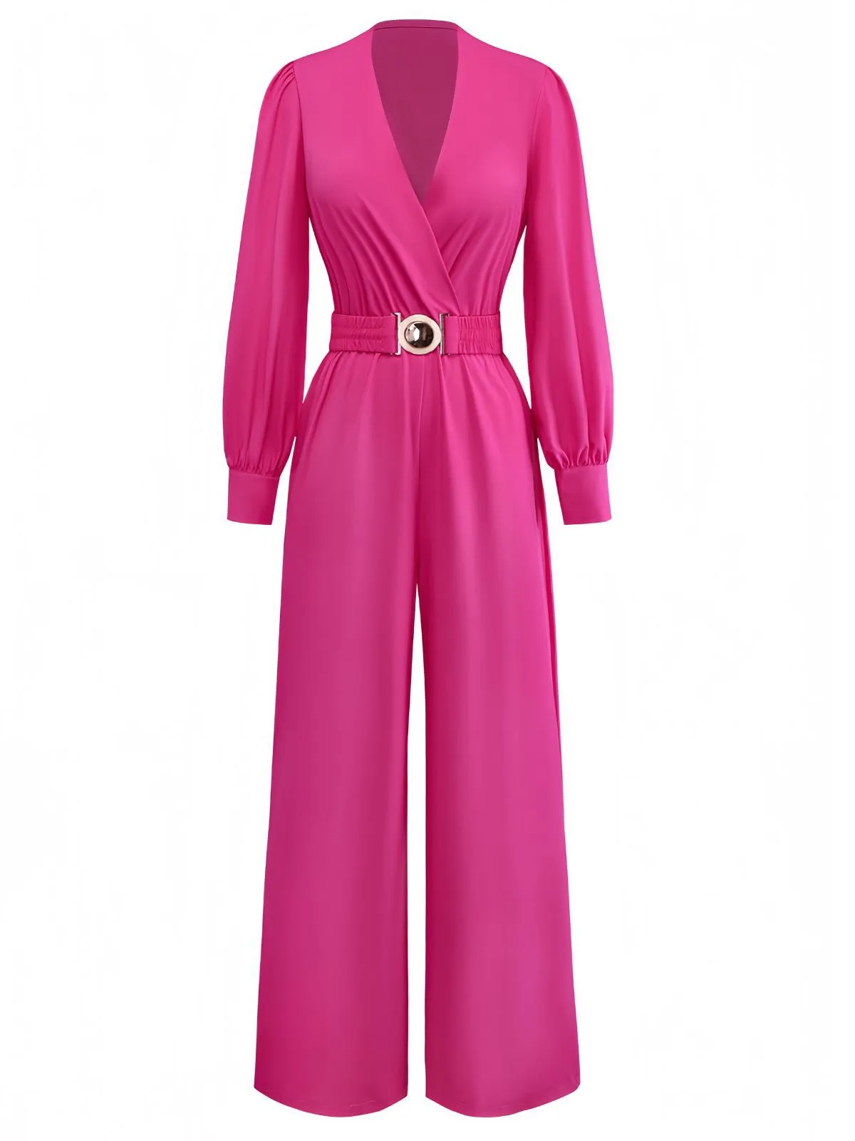 Rose Pink 1960s Deep V Belted Lantern Sleeve Solid Jumpsuit sold by Retro Stage product image thumbnail 2