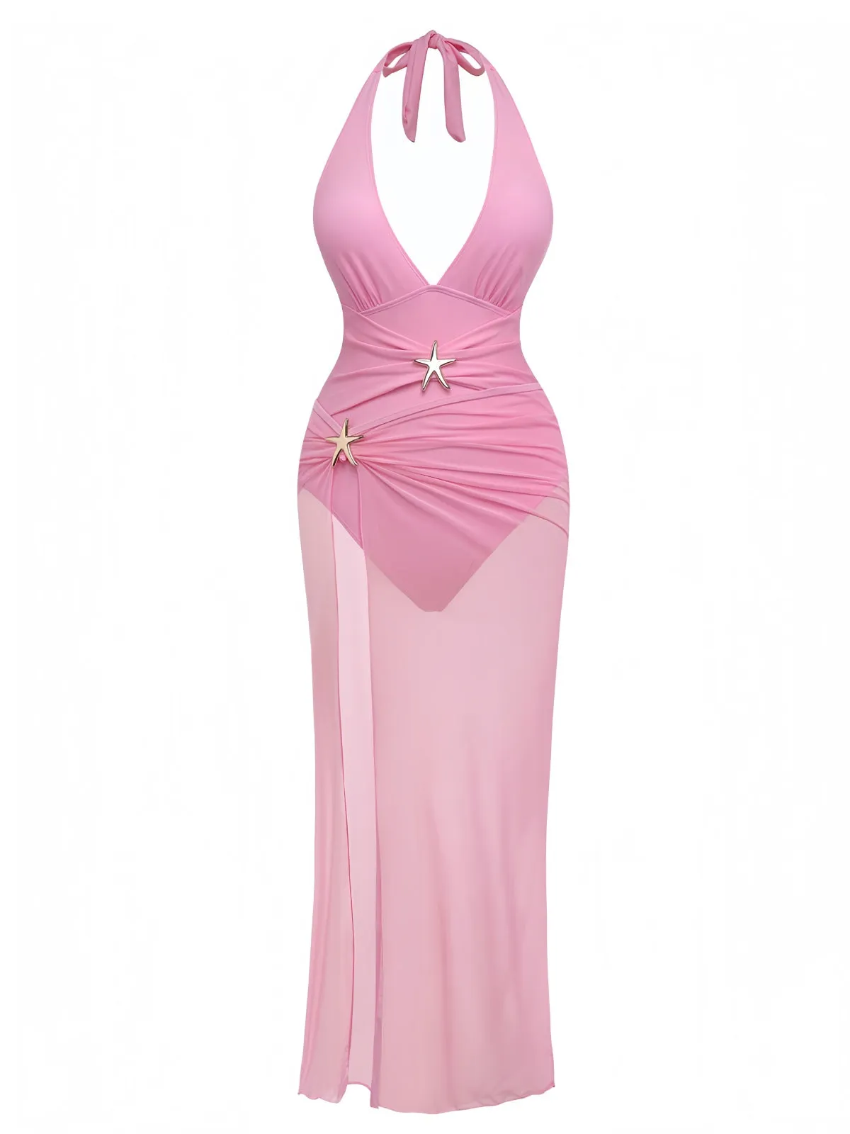 2PCS 1940s Deep V Halter Starfish One-Piece Swimsuit & Cover-Up sold by Retro Stage product image thumbnail 2