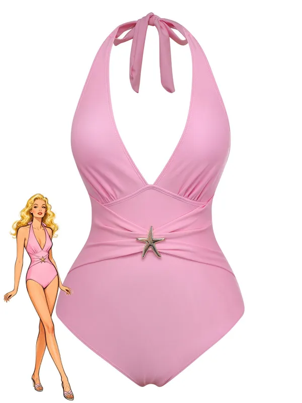2PCS 1940s Deep V Halter Starfish One-Piece Swimsuit & Cover-Up made by Retro Stage