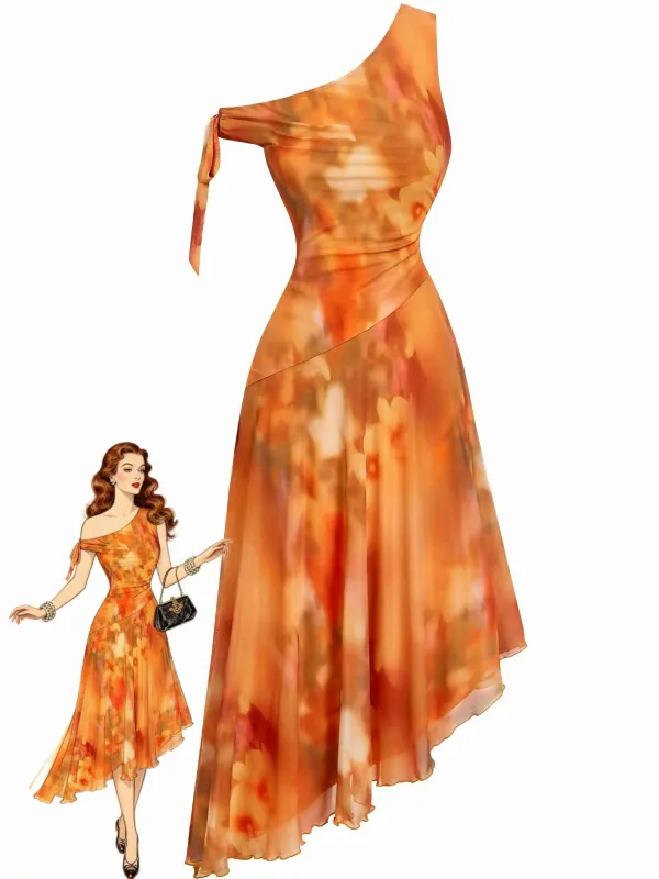 [Pre-Sale] Orange 1970s One-Shoulder Mesh Asymmetrical Hem Dress made by Retro Stage