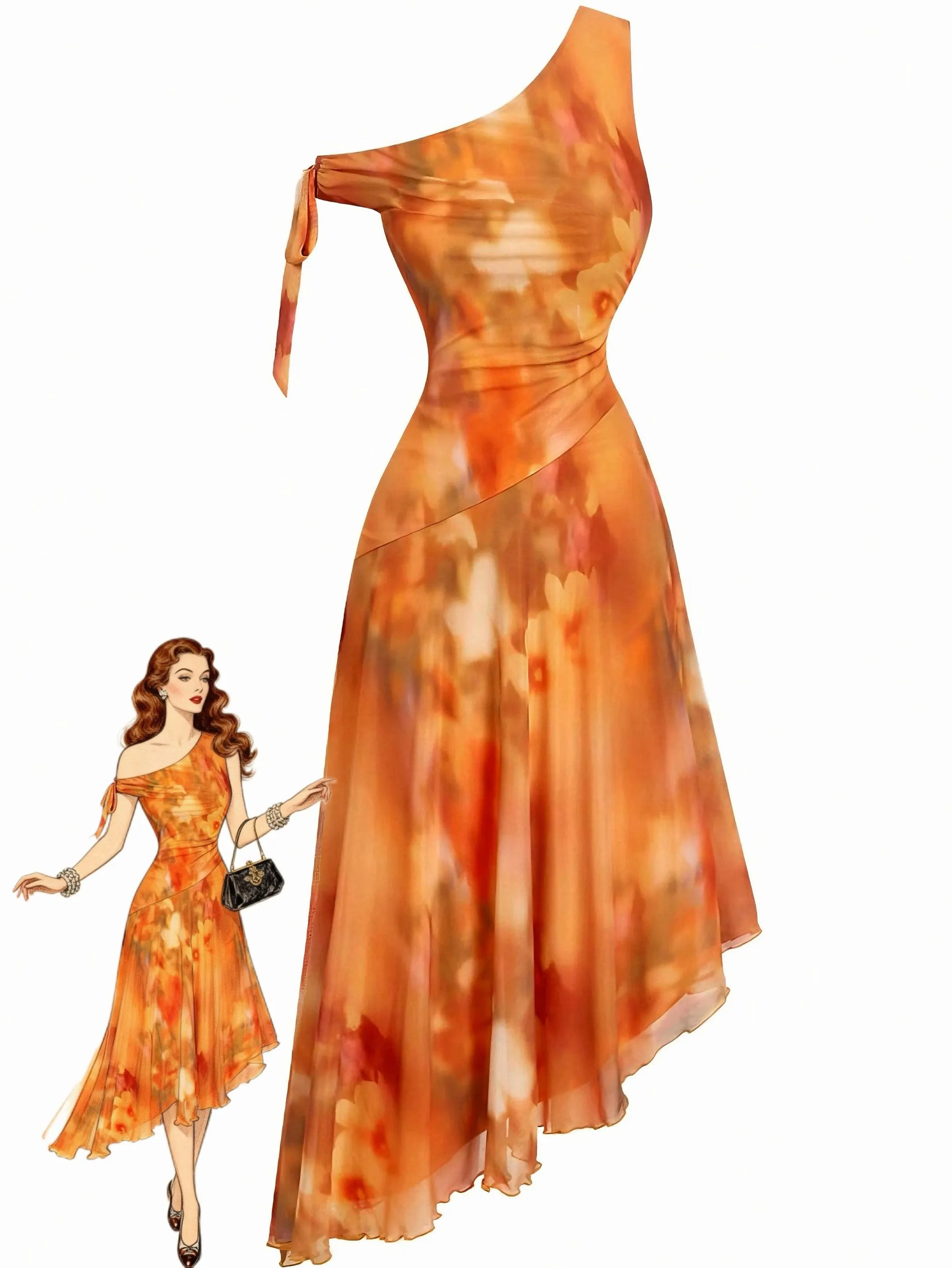 Orange 1970s One-Shoulder Mesh Asymmetrical Hem Dress sold by Retro Stage