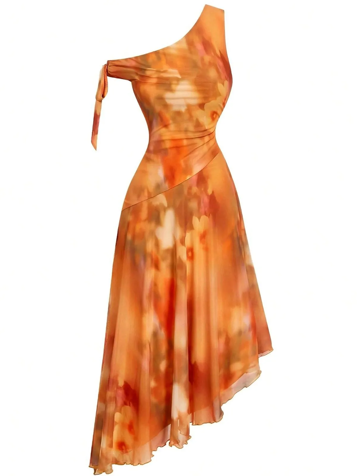 Orange 1970s One-Shoulder Mesh Asymmetrical Hem Dress sold by Retro Stage product image thumbnail 2