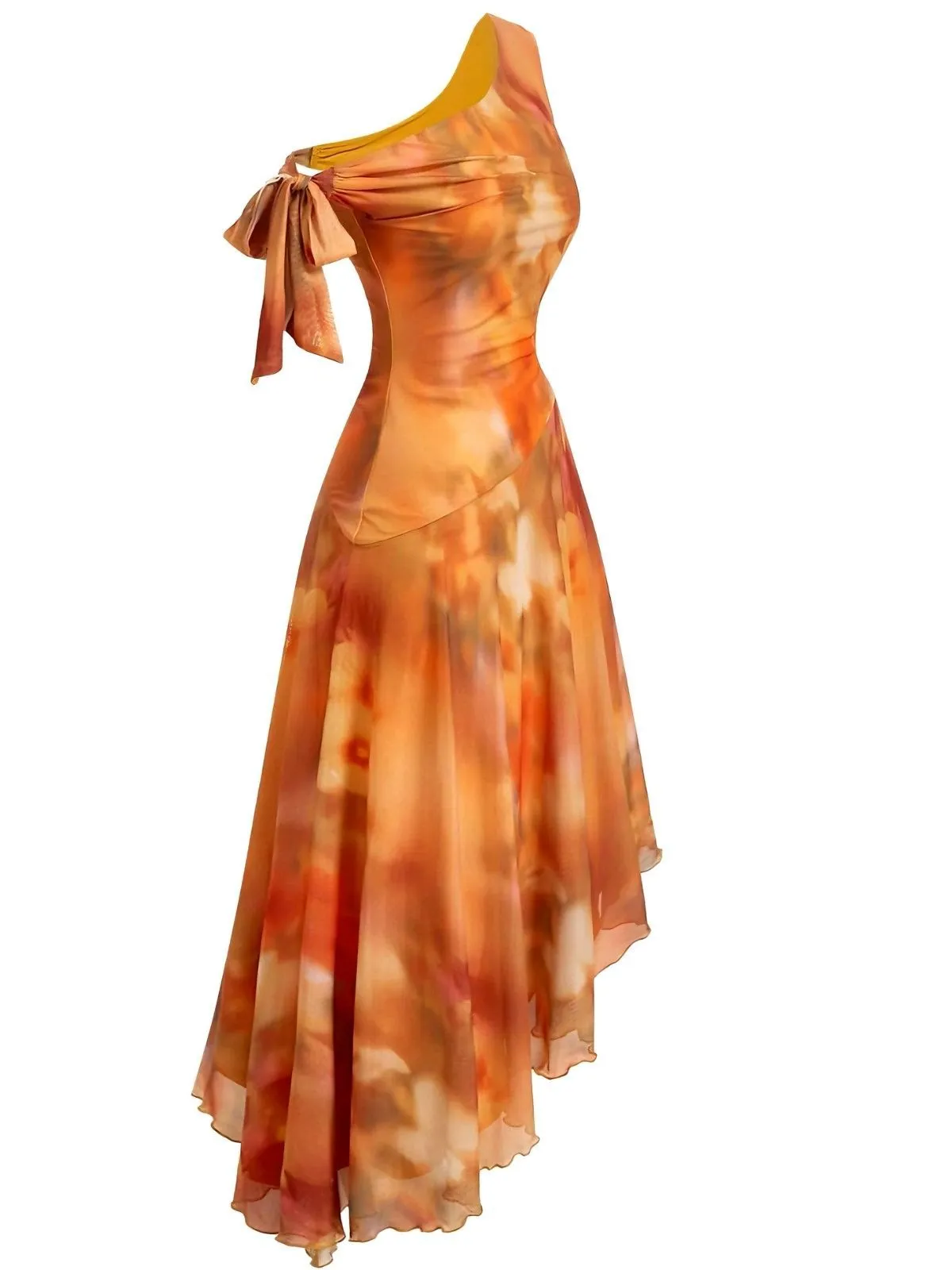 Orange 1970s One-Shoulder Mesh Asymmetrical Hem Dress sold by Retro Stage product image thumbnail 3
