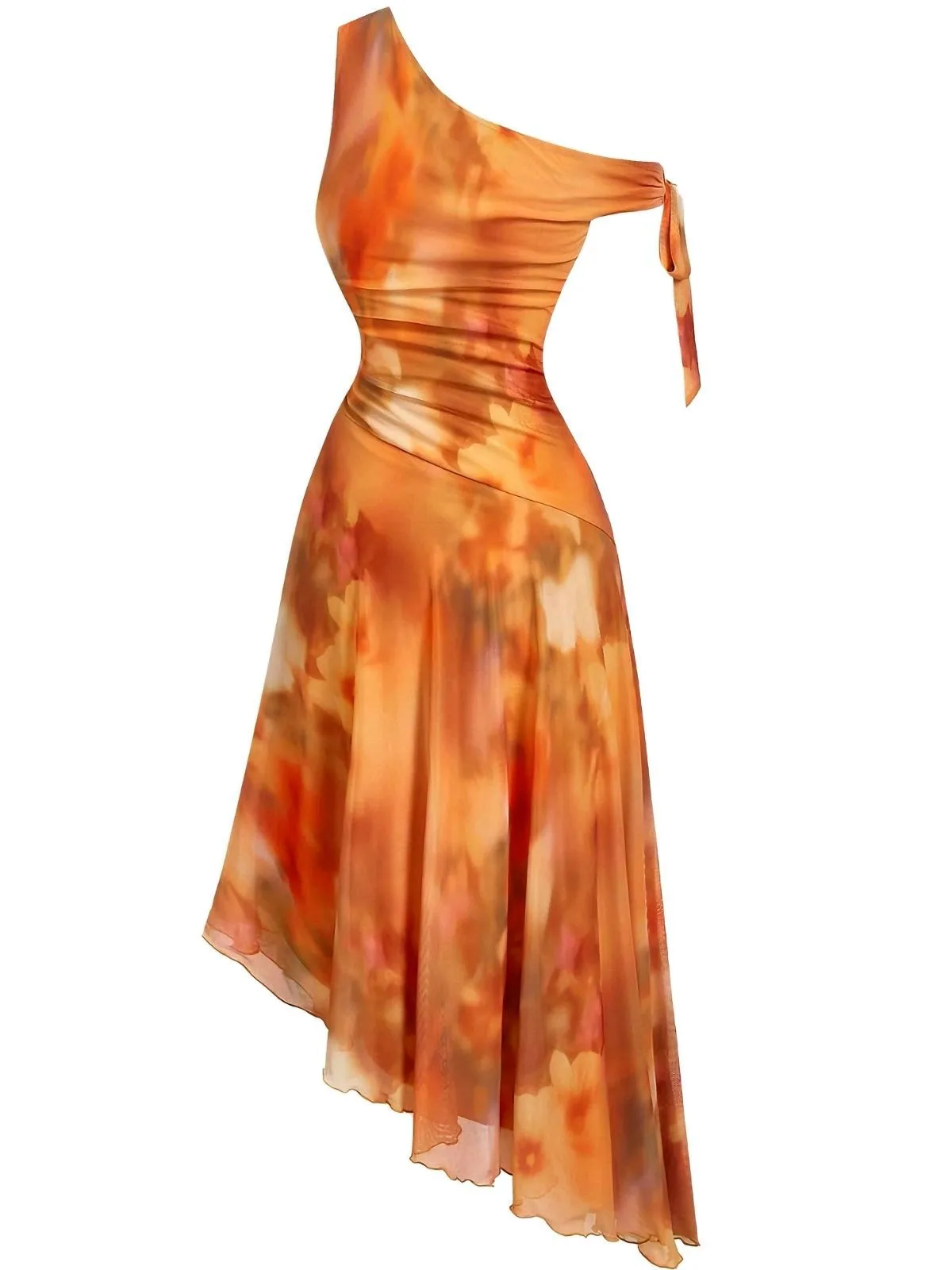 Orange 1970s One-Shoulder Mesh Asymmetrical Hem Dress sold by Retro Stage product image thumbnail 4