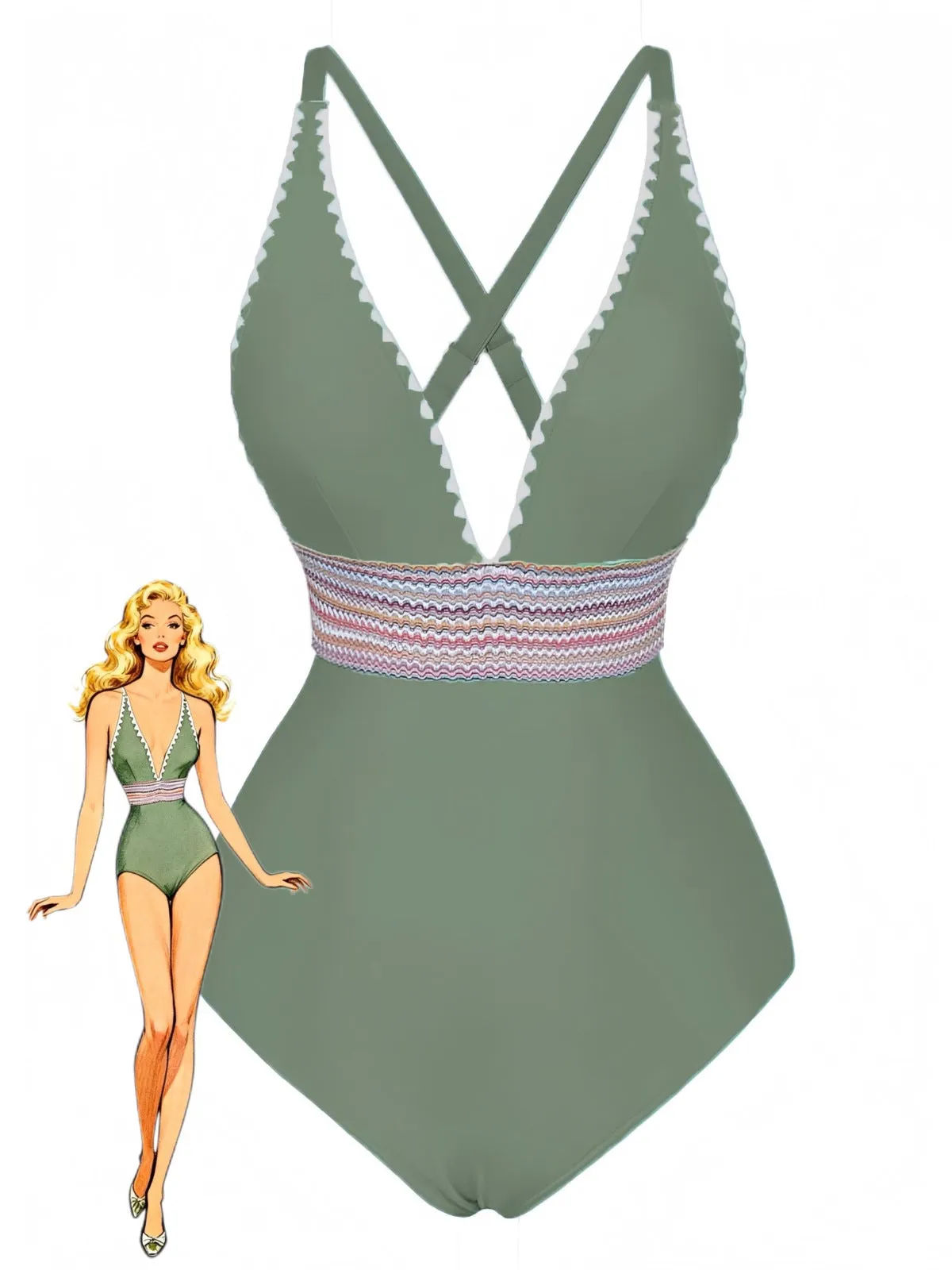 1940s Deep V-Neck Wavy Patchwork One-Piece Swimsuit sold by Retro Stage