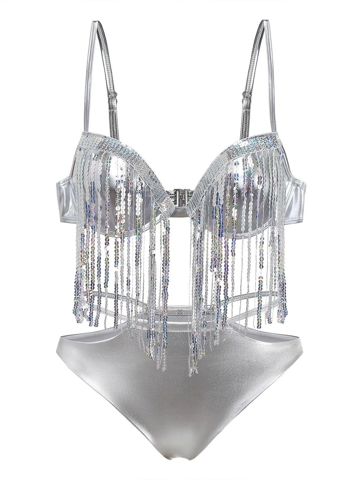 Silver 1970s Holographic Sequin Fringe Bikini Set sold by Retro Stage product image thumbnail 2