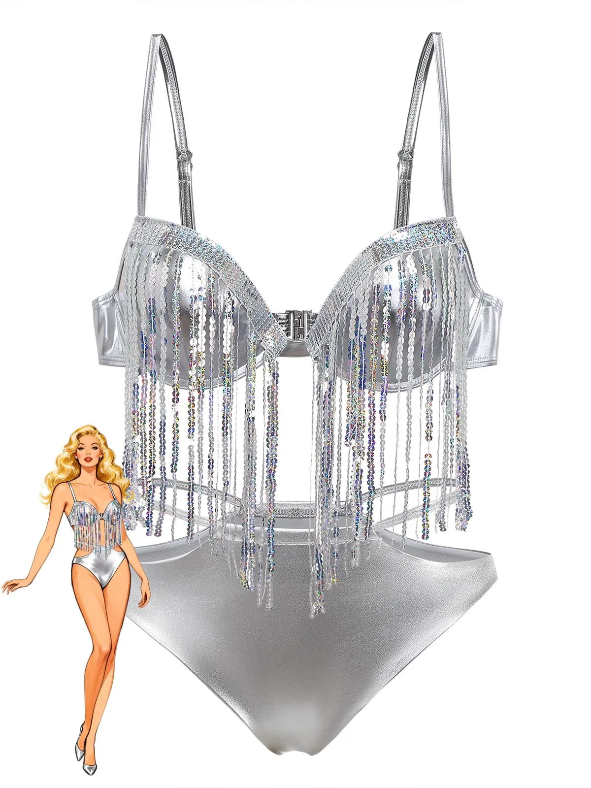 Silver 1970s Holographic Sequin Fringe Bikini Set sold by Retro Stage