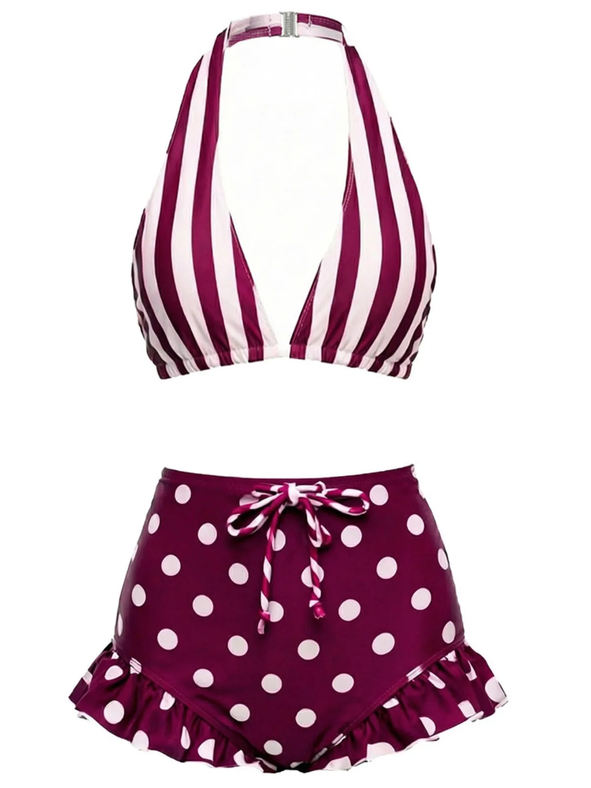 Red & White 1940s Striped Halter Polka Dot Ruffled Swimsuit sold by Retro Stage product image thumbnail 2