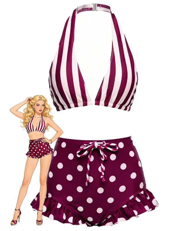 Red & White 1940s Striped Halter Polka Dot Ruffled Swimsuit sold by Retro Stage