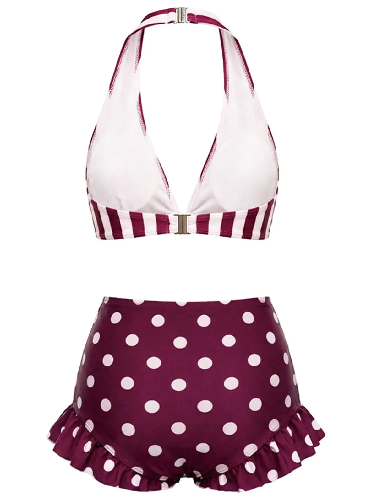 Red & White 1940s Striped Halter Polka Dot Ruffled Swimsuit sold by Retro Stage product image thumbnail 4