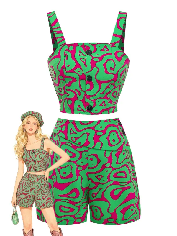 2PCS Green 1970s Button Abstract Print Cropped Top & Shorts sold by Retro Stage