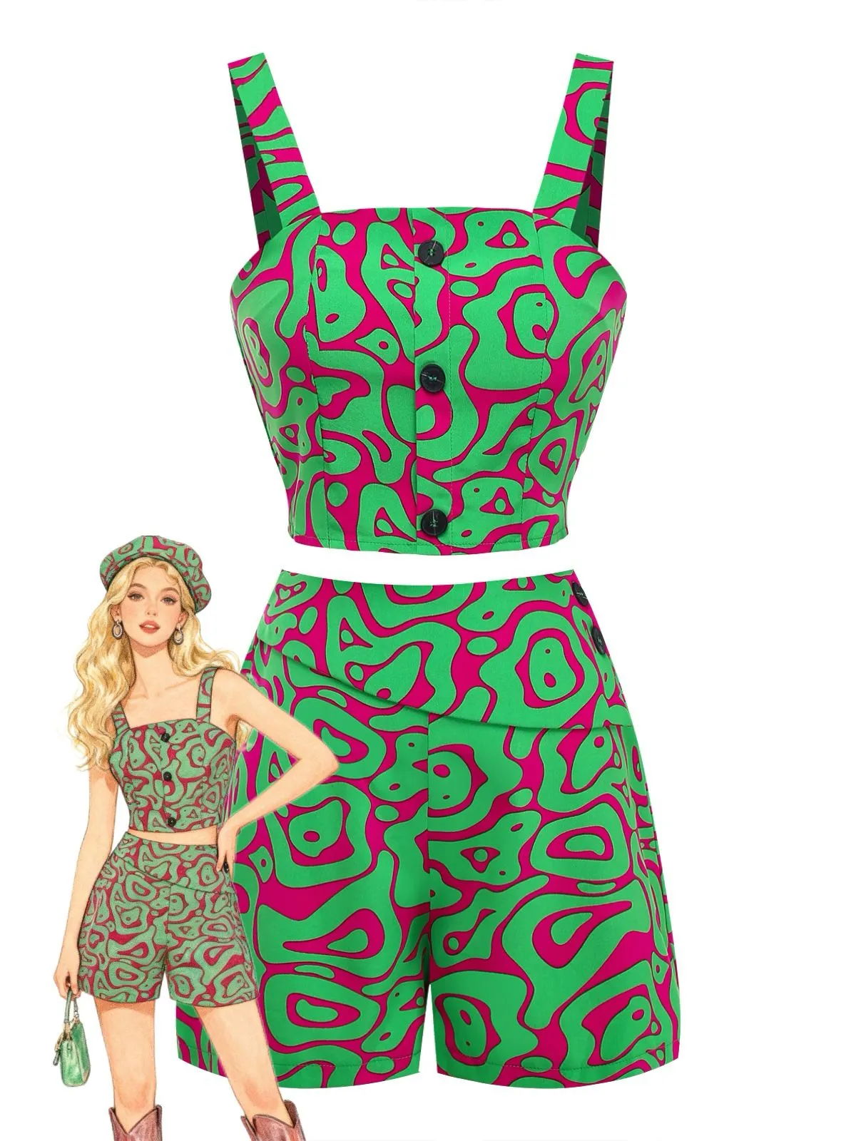 2PCS Green 1970s Button Abstract Print Cropped Top & Shorts sold by Retro Stage