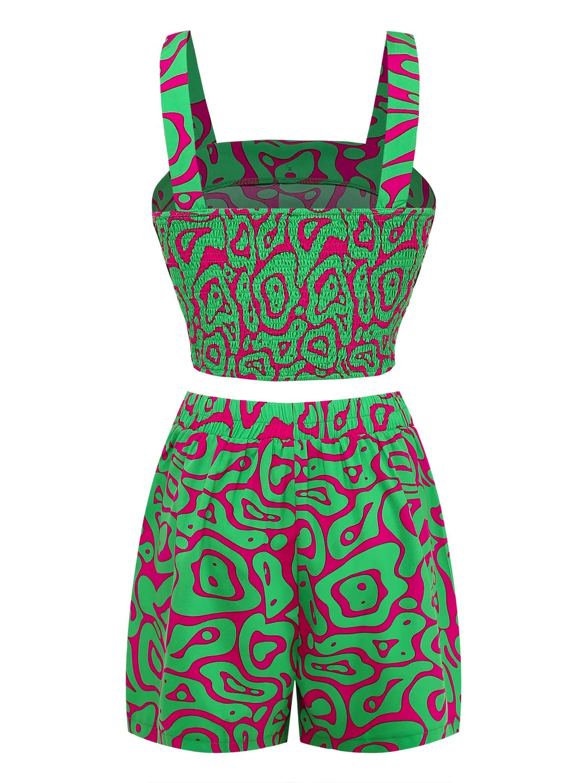 2PCS Green 1970s Button Abstract Print Cropped Top & Shorts sold by Retro Stage product image thumbnail 3