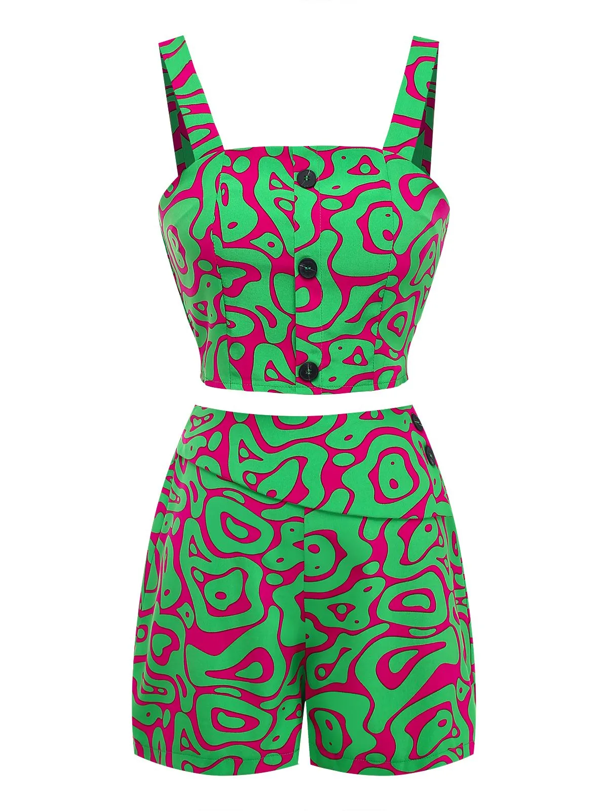 2PCS Green 1970s Button Abstract Print Cropped Top & Shorts sold by Retro Stage product image thumbnail 2