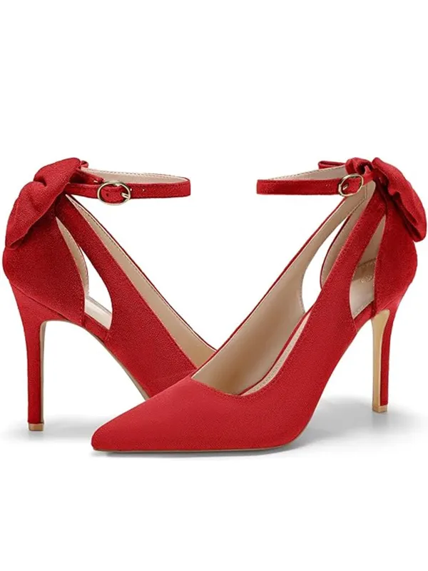 Suede Bow Ankle Strap Pointed Toe High Heel Shoes made by Retro Stage