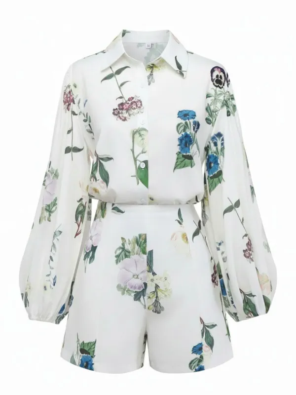 2PCS White 1960s Linen Floral Blouse & Shorts sold by Retro Stage