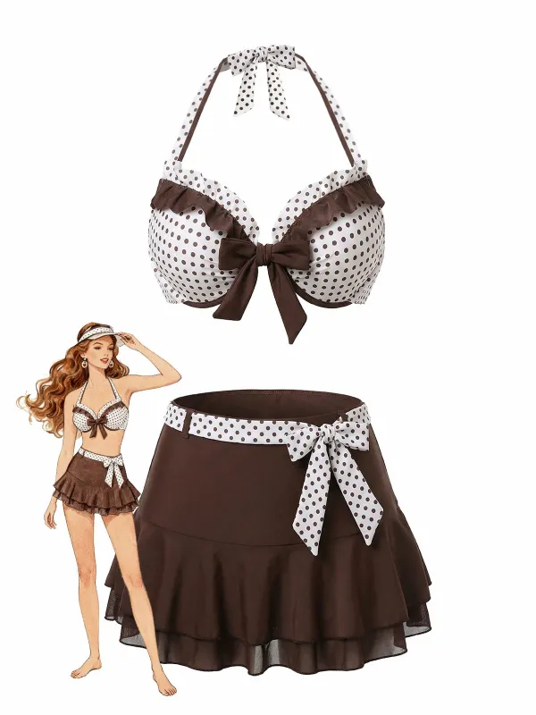 [Pre-Sale] Brown 1970s Polka Dot Ruffle Halter Skirt Swimsuit sold by Retro Stage