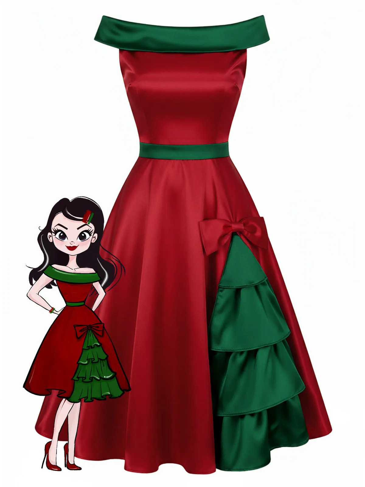 Red & Green 1950s Chrismtas Tree Off-Shoulder Dress sold by Retro Stage product image thumbnail 4
