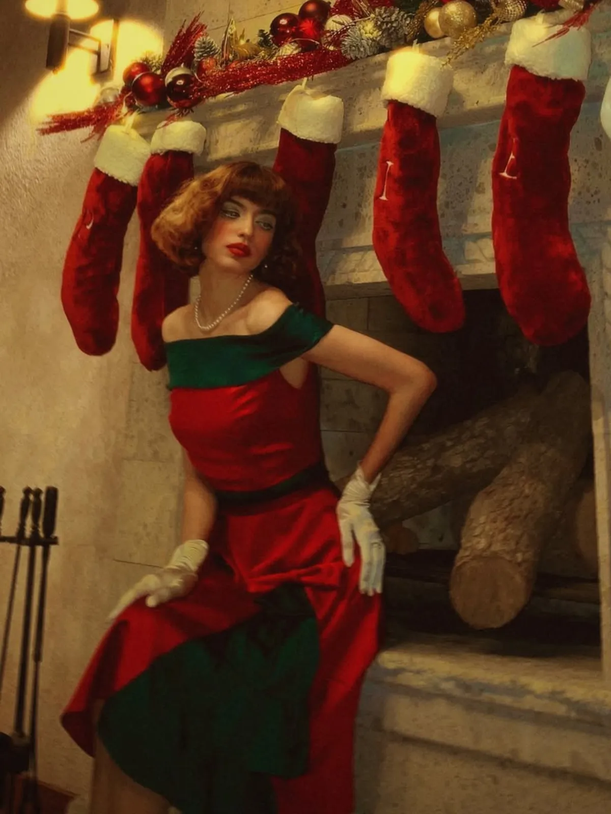 Red & Green 1950s Chrismtas Tree Off-Shoulder Dress sold by Retro Stage product image thumbnail 3