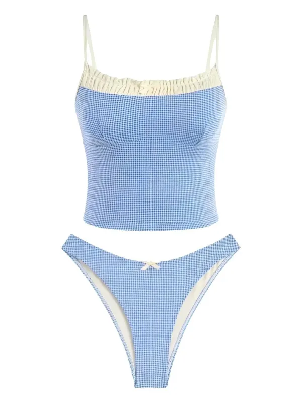 Blue 1950s Checkered Lace Trim Tankini Set sold by Retro Stage