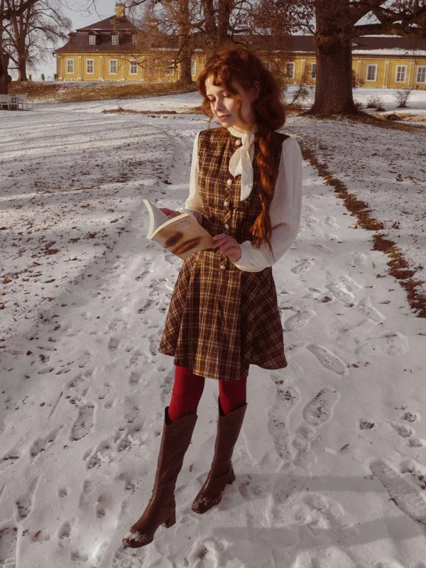 Brown 1960s Plaid Bow Tie Button Swing Dress sold by Retro Stage