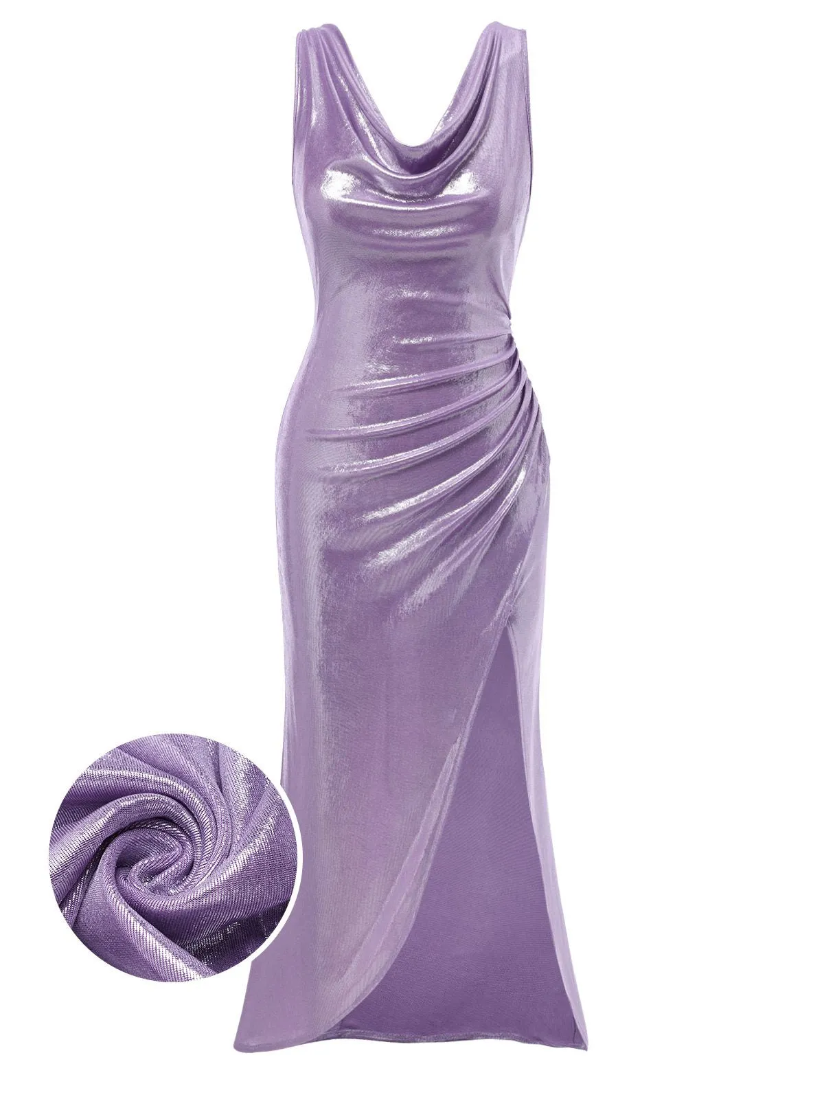 Lavender 1960s Cowl Neck High-Slit Pearlescent Dress sold by Retro Stage product image thumbnail 5