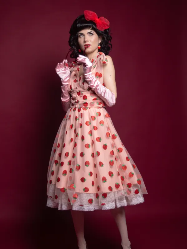 Pink 1950s Strawberry Mesh Swing Dress sold by Retro Stage