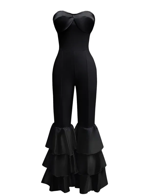 1970s Boho Strapless Solid Pleated Ruffle Jumpsuit made by Retro Stage