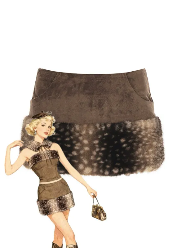 Brown 1980s Deer Faux Fur-Trimmed Skirt sold by Retro Stage