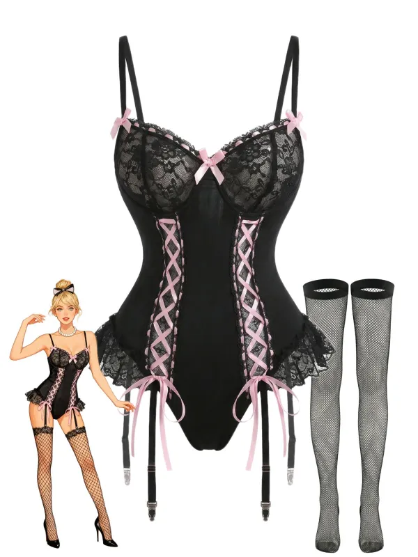 Black 1960s Lace Bow Corset Lingerie Set with Fishnet Stockings made by Retro Stage
