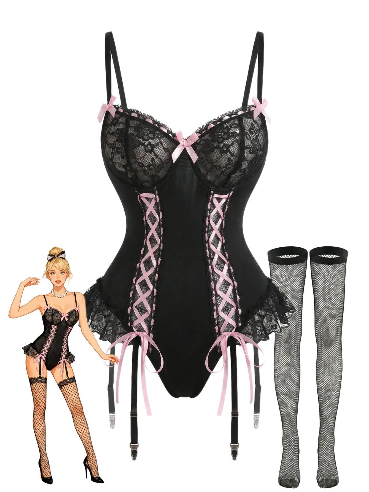 Black 1960s Lace Bow Corset Lingerie Set with Fishnet Stockings sold by Retro Stage