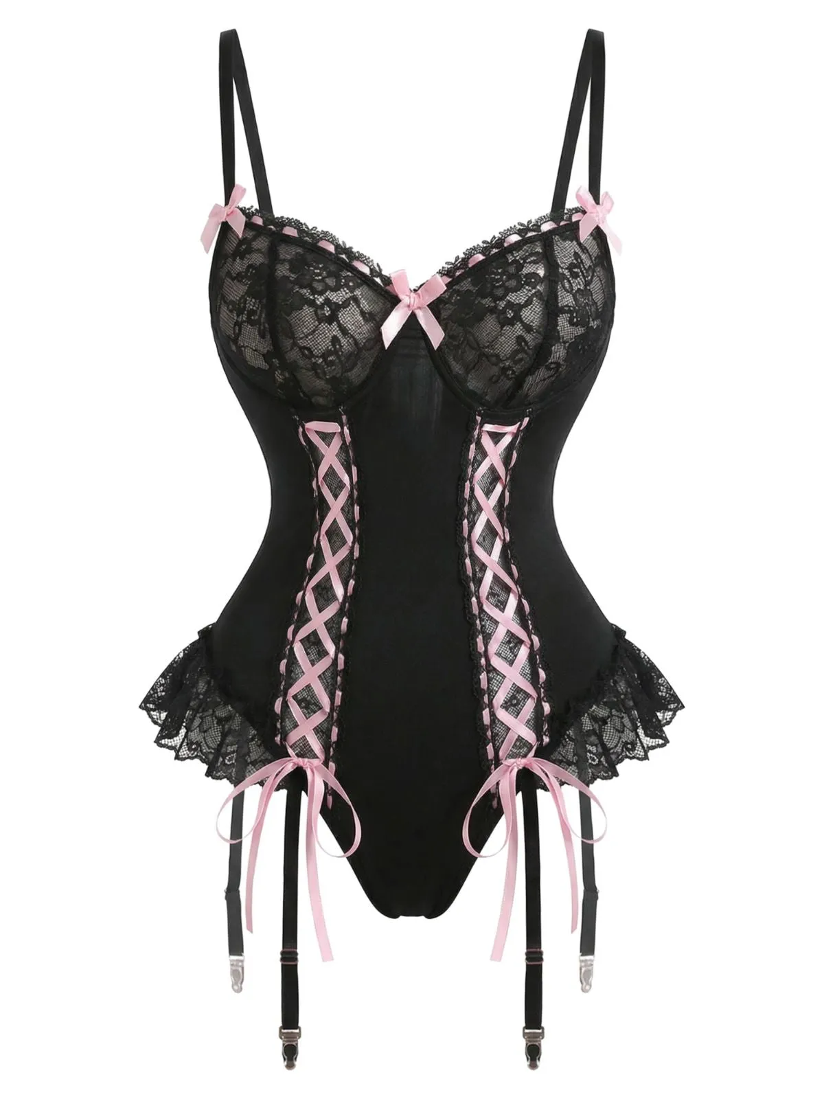 Black 1960s Lace Bow Corset Lingerie Set with Fishnet Stockings sold by Retro Stage product image thumbnail 2