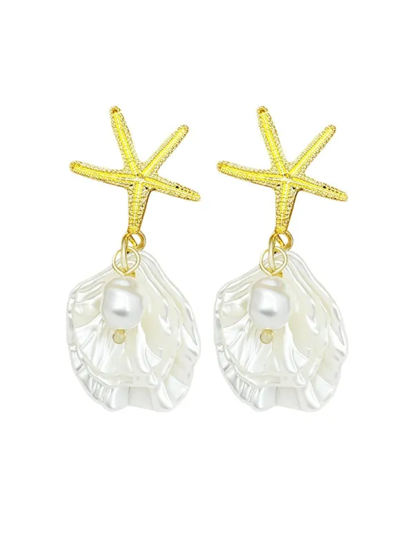 Gold Starfish Shell Pearl Drop Earrings sold by Retro Stage