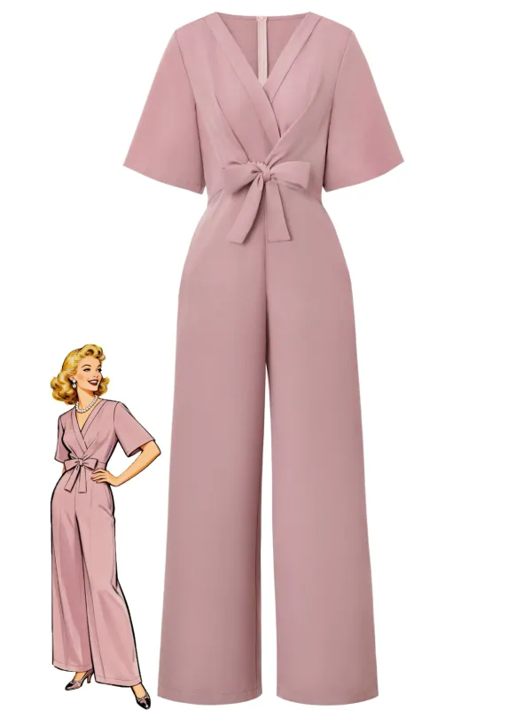 1940s Solid V-Neck Tie Short Sleeve Jumpsuit sold by Retro Stage