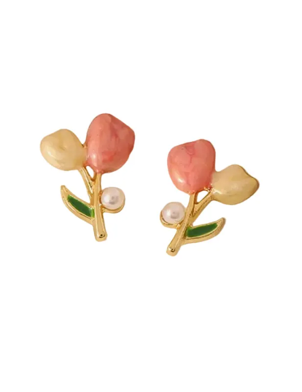 Pink Tulip Flower Pearl Stud Earrings sold by Retro Stage