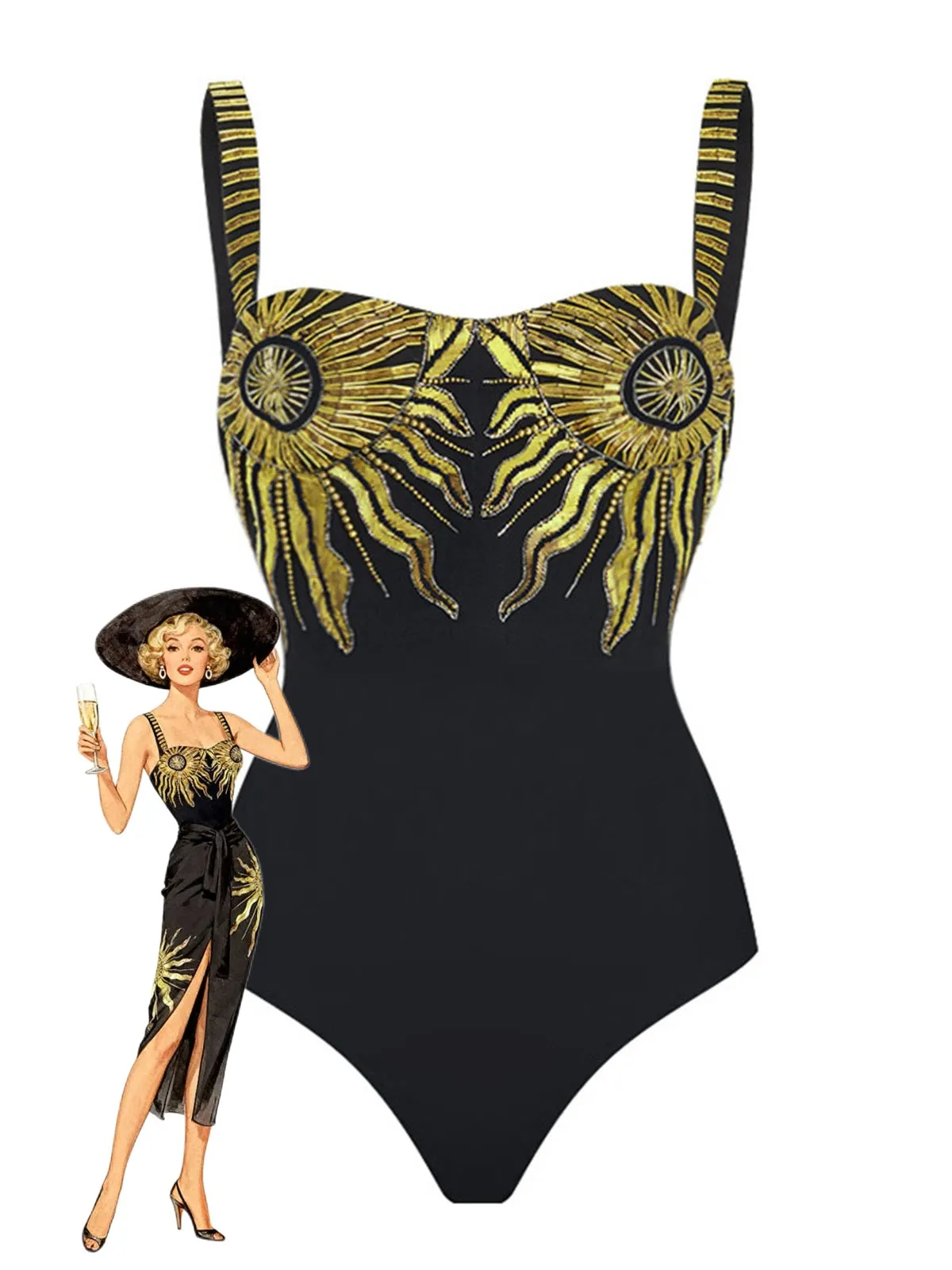 Black 1950s Sequined Sunflower Backless Swimsuit & Cover-Up sold by Retro Stage