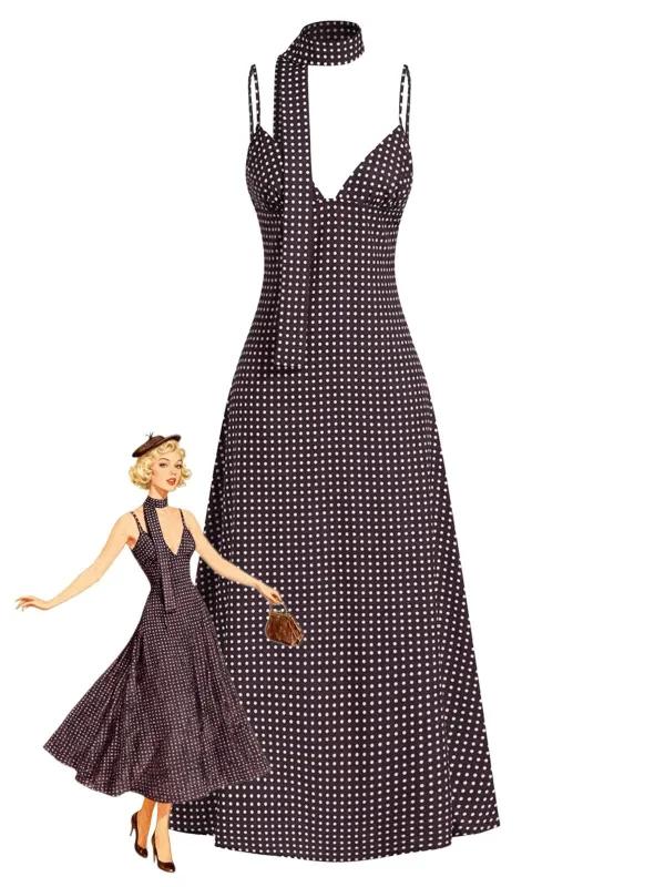 Brown 1980s V-Neck Polka Dot Tie Spaghetti Strap Dress sold by Retro Stage