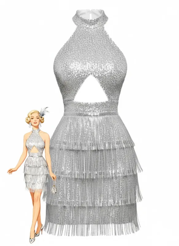 Silver 1920s Halter Sequin Fringe Cutout Party Dress sold by Retro Stage
