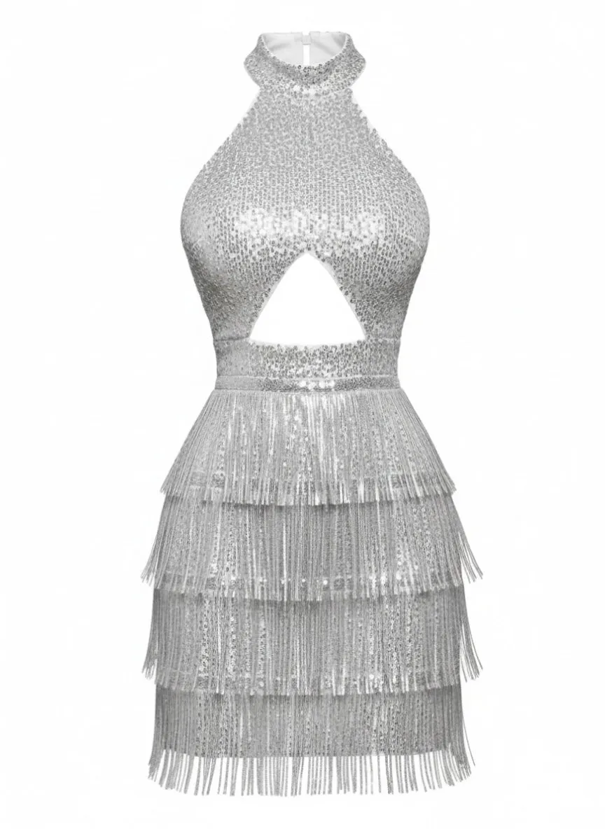 Silver 1920s Halter Sequin Fringe Cutout Party Dress sold by Retro Stage product image thumbnail 2