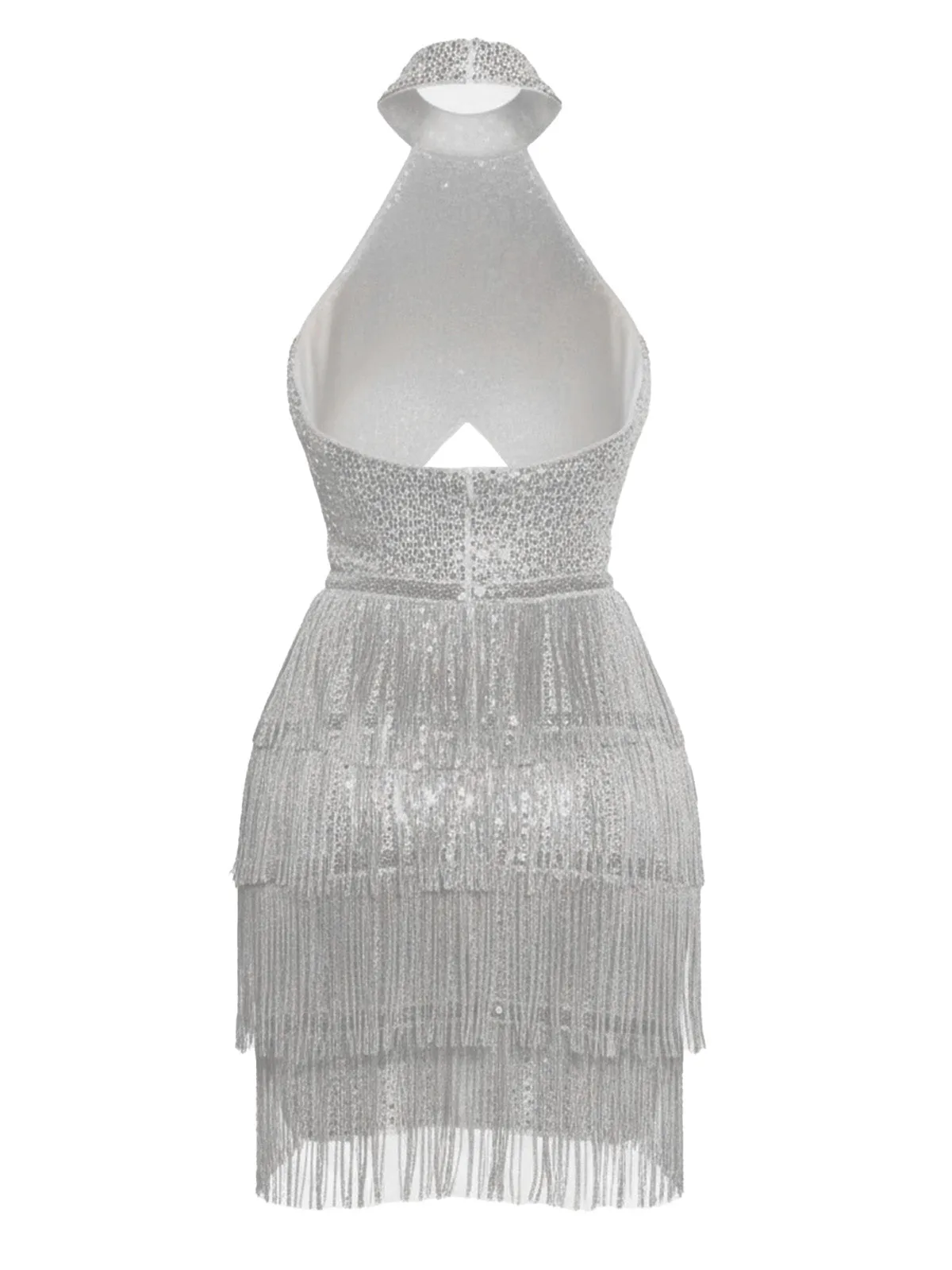 Silver 1920s Halter Sequin Fringe Cutout Party Dress sold by Retro Stage product image thumbnail 4