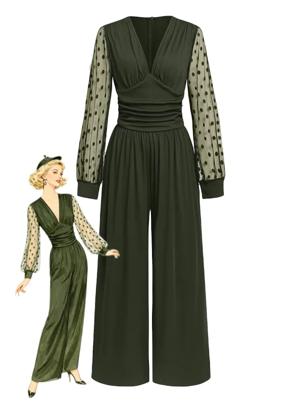 Olive Green 1950s V-Neck Sheer Polka Dot Sleeve Jumpsuit sold by Retro Stage