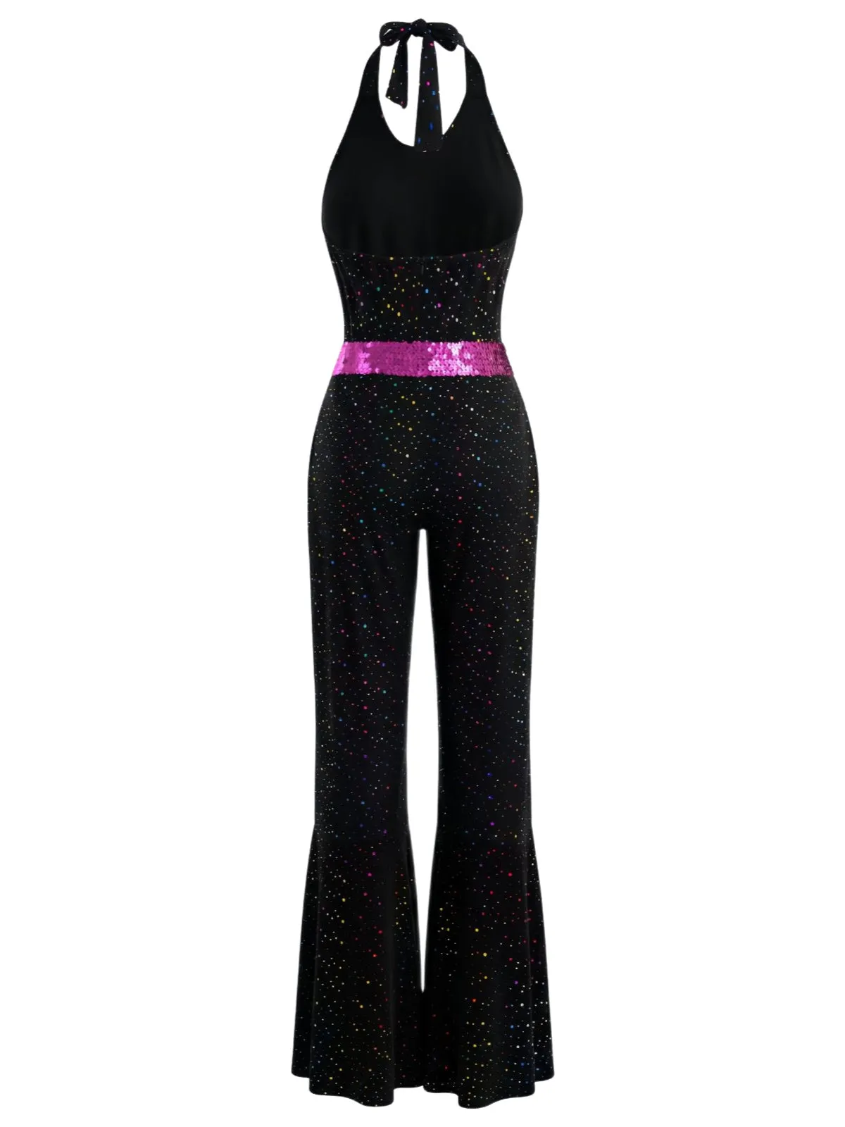 Black 1970s Disco Sequined Halter Flared Jumpsuit sold by Retro Stage product image thumbnail 3