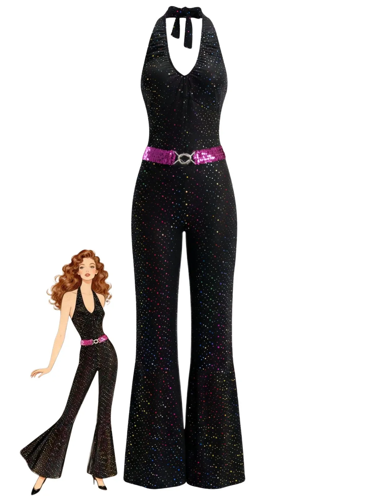 Black 1970s Disco Sequined Halter Flared Jumpsuit sold by Retro Stage