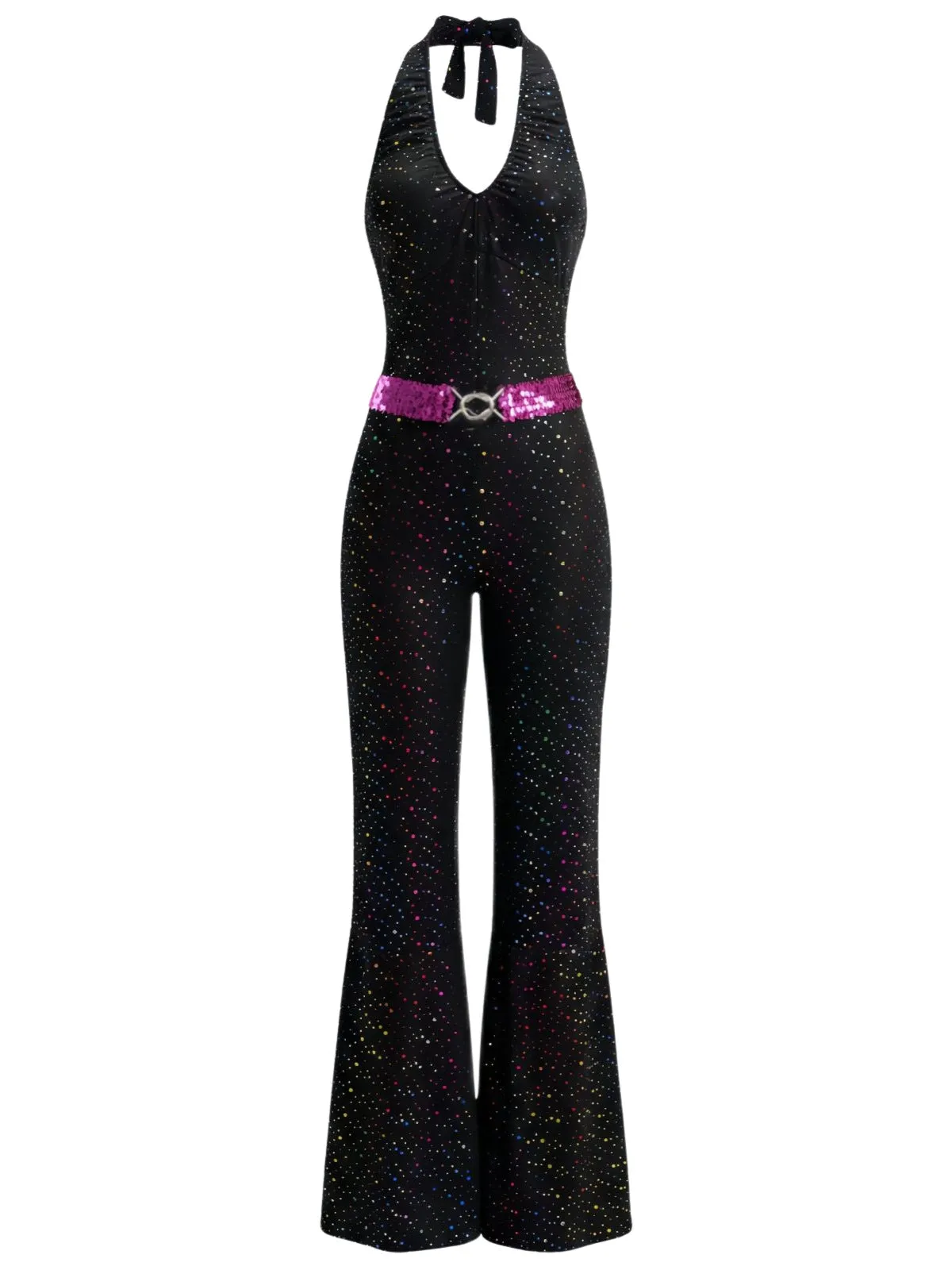 Black 1970s Disco Sequined Halter Flared Jumpsuit sold by Retro Stage product image thumbnail 2