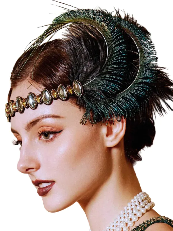 1920s Gatsby Peacock Feather Rhinestone Headband sold by Retro Stage